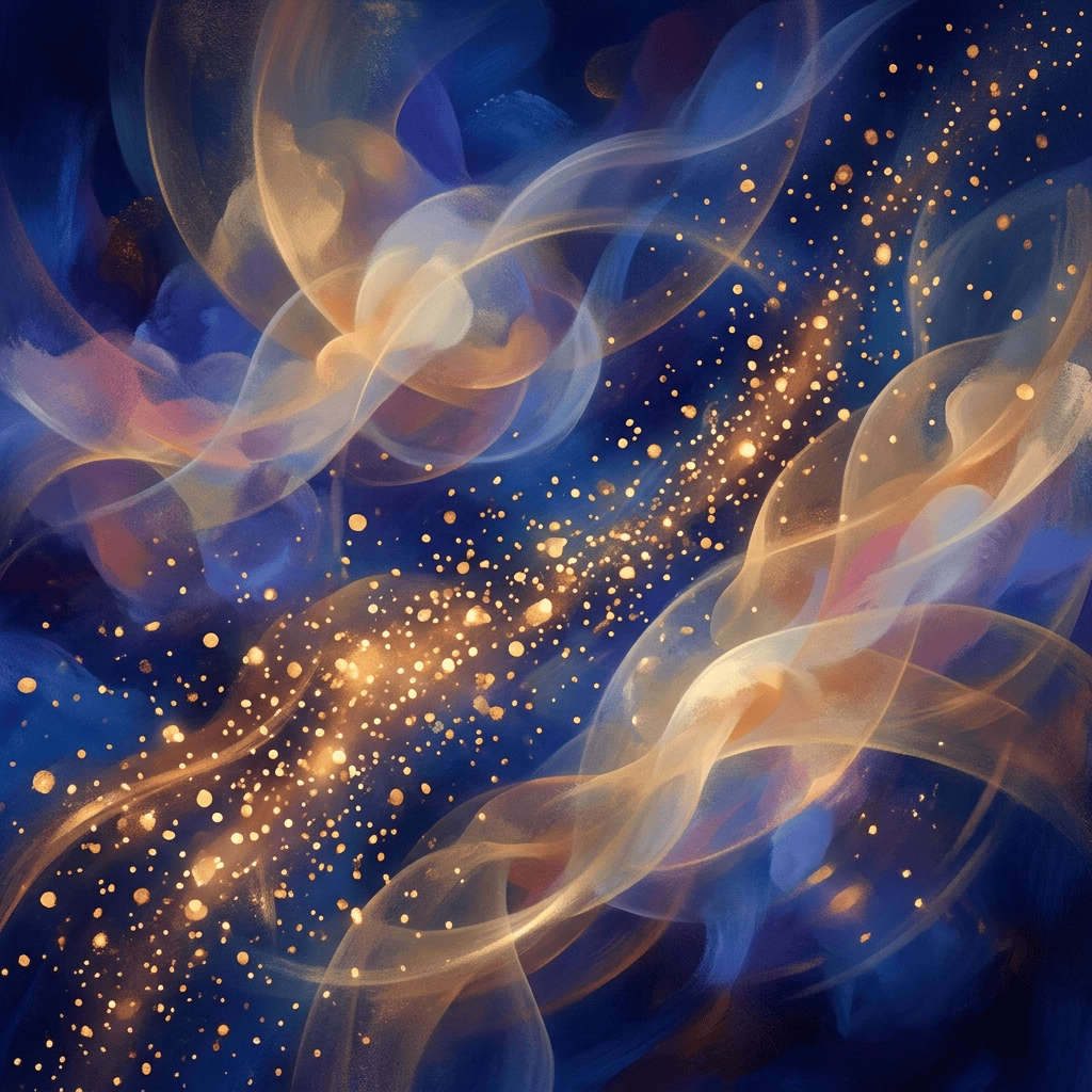 Abstract blue and amber light ribbons with golden particles