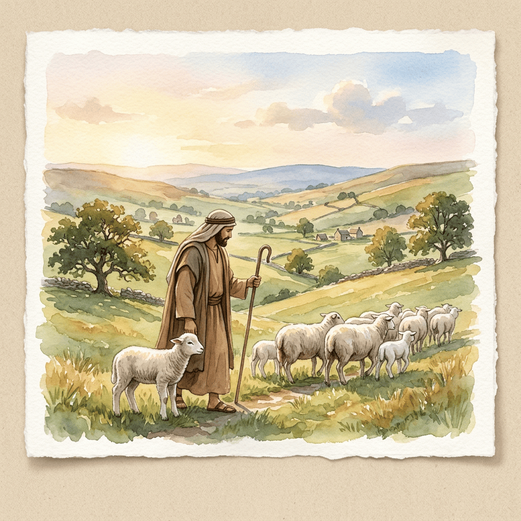 Shepherd with staff tending sheep in a rolling countryside landscape