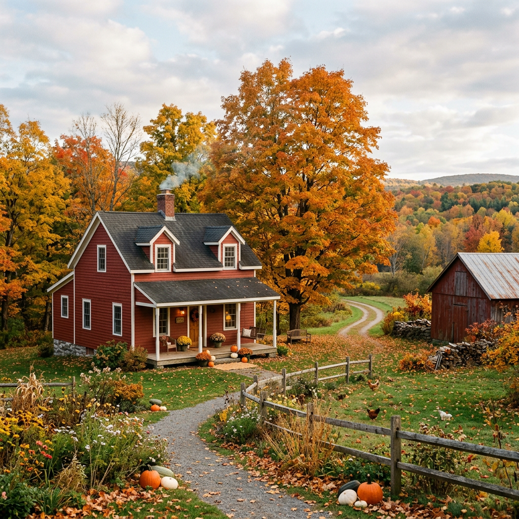 Red farmhouse surrounded by autumn trees, pumpkins, garden, barn, and rolling hills