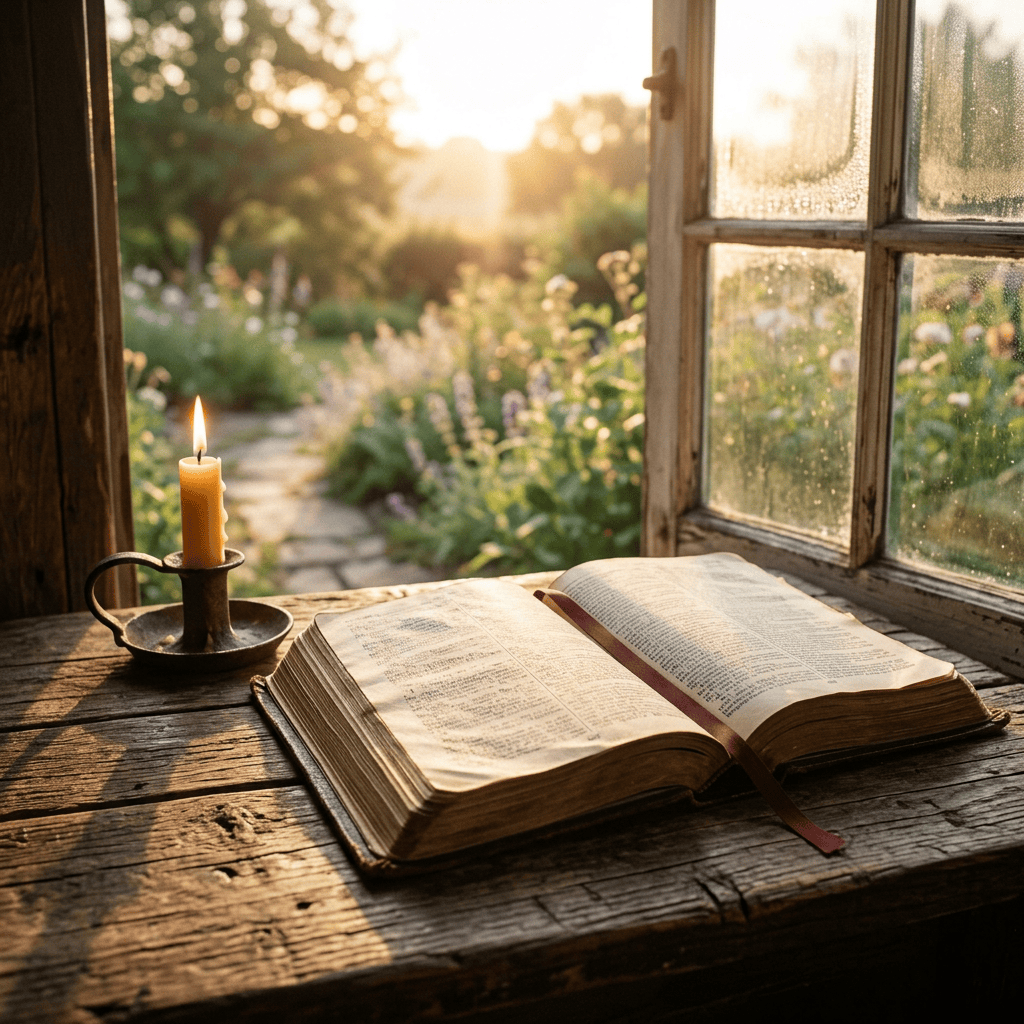 Open book and lit candle on a wooden table beside a garden window