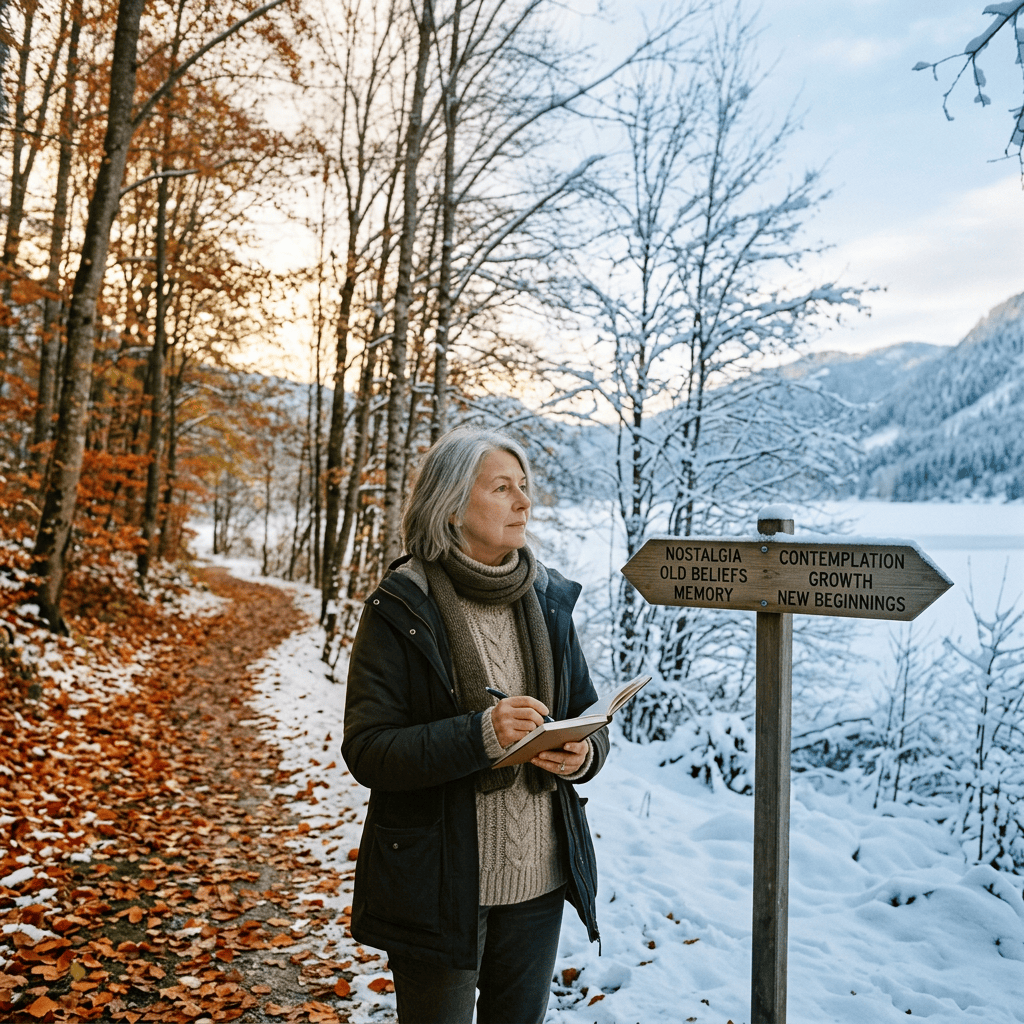 Woman journaling beside sign reading Nostalgia, Old Beliefs, Memory, Contemplation, Growth, New Beginnings