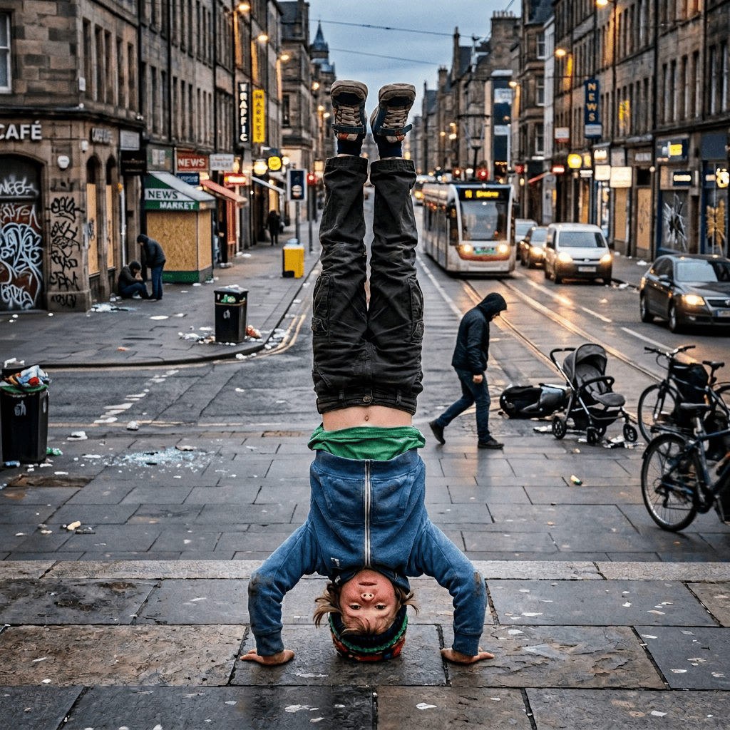 Young street performer doing a handstand on a busy city street